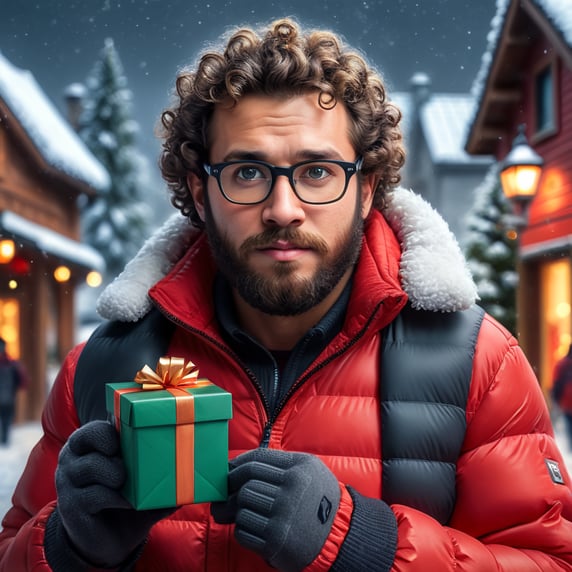 portrait of a bearded curly man wearing red puffer jacket, reeding glasses, stands front camera with gift box his hand, snowy weather, Christmas time, blurry background