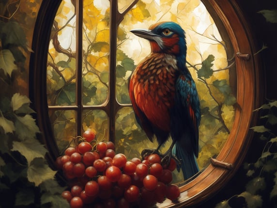 stained glass with bird in the centre eating grapes, flat colour illustration style