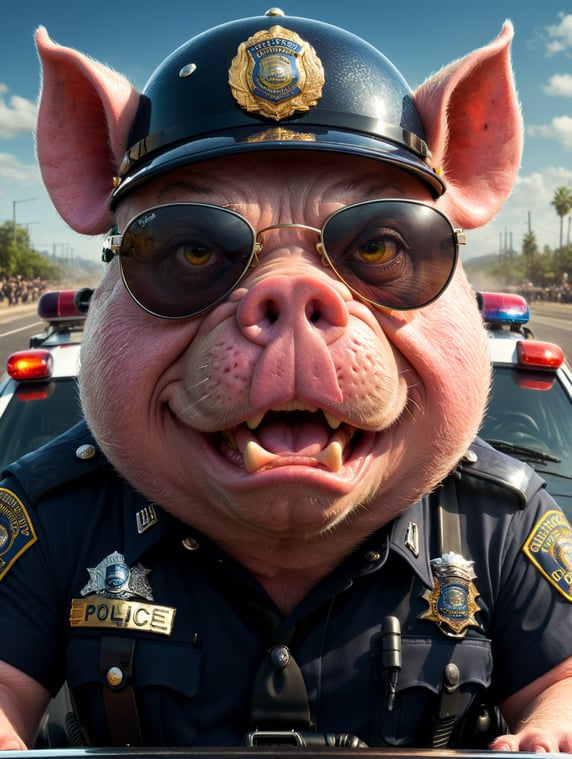 A angry pig police officer, sitting behind the wheel of a police car, close-up shot, sunglasses, clipart, stock photo