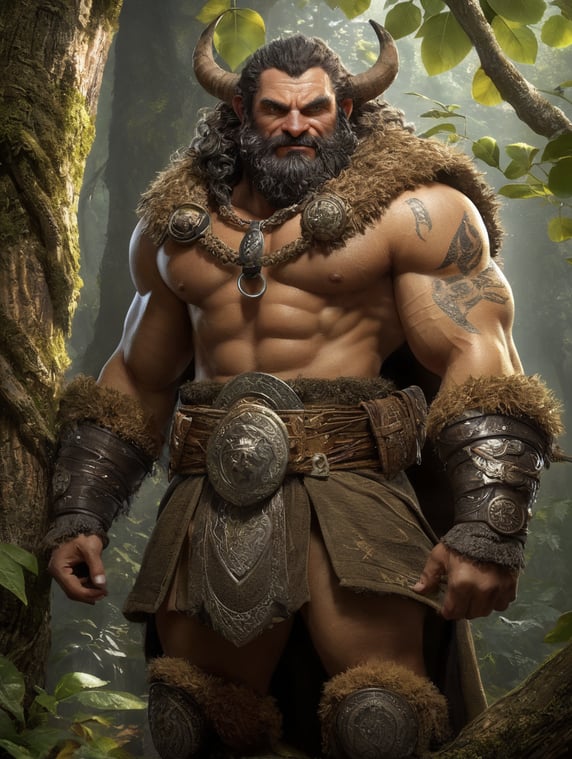 Bilberry Bumblebark's Appearance: Height: About 3'4". Build: Lean with toned muscles from forest adventures. Skin: Sun-kissed with freckles. Hair: Tangled auburn with leaves and twigs. Eyes: Round hazel, ever curious. Facial Features: Button nose, expressive eyebrows, and a thick, curly beard. Attire: Earth-toned robes of natural fibers, woven belt with pouches, and soft leather moccasins. Accessories: Druidic wooden amulet, vine and metal rings. Staff: Gnarled oak with a glowing crystal tip. Demeanor: Energetic, curious, and often humming or swaying.
