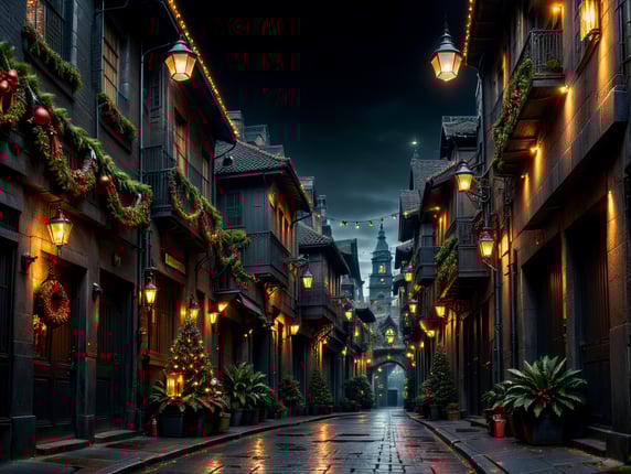 Bright Christmas buldings with decorations, lights, alley