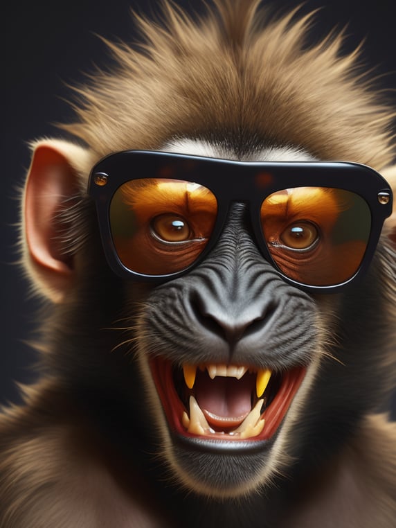 Monkey with sunglasses, ray ban wayfarer, style hyper realistic, photograph, big laugh, detailed haired, furry