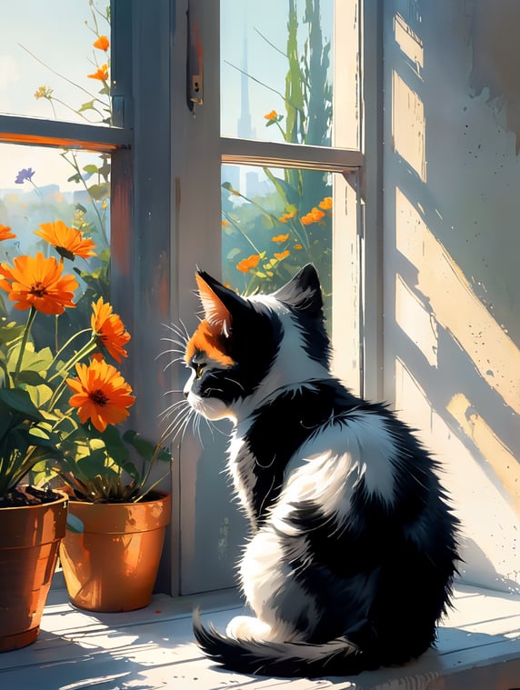 Back view of a black and white kitten sitting on a windowsill looking at a garden