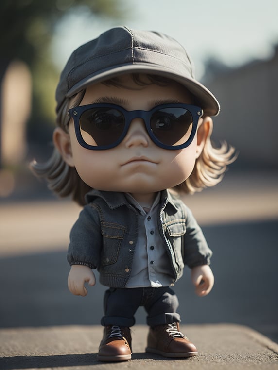 short haired bearded little boy with snap back on head and black glasses funko pop with Design emblem on his jacket