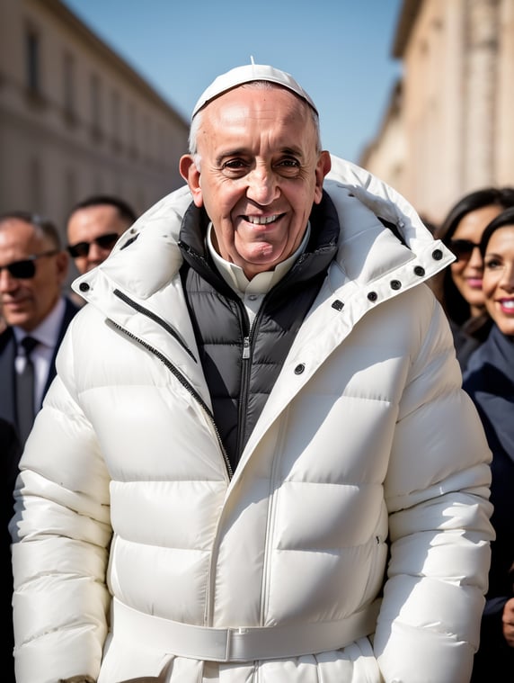Professional photo glamour of Pope Francis looking stylish in a white puffer jacket