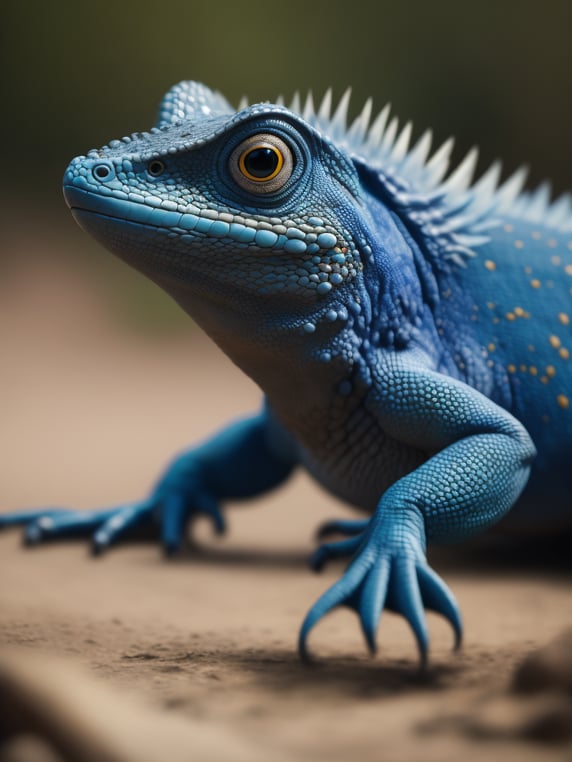 Blue feathered lizard, Vibrant colors, Depth of field, Incredibly high detail, Blurred background