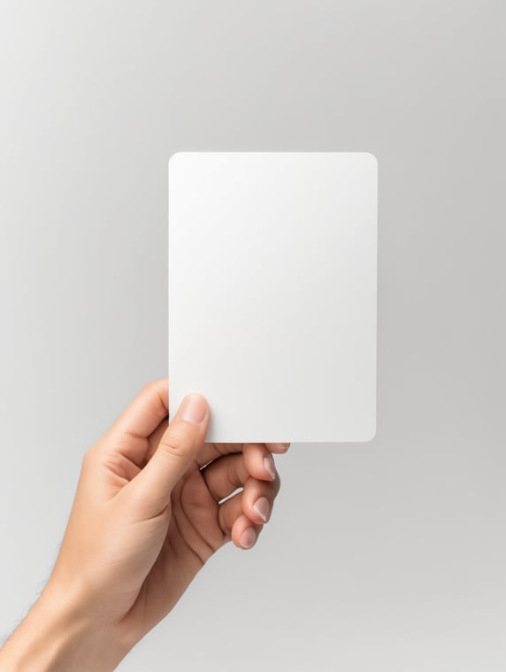 Hand holding a white gift card, mockup, clear, isolated, white background