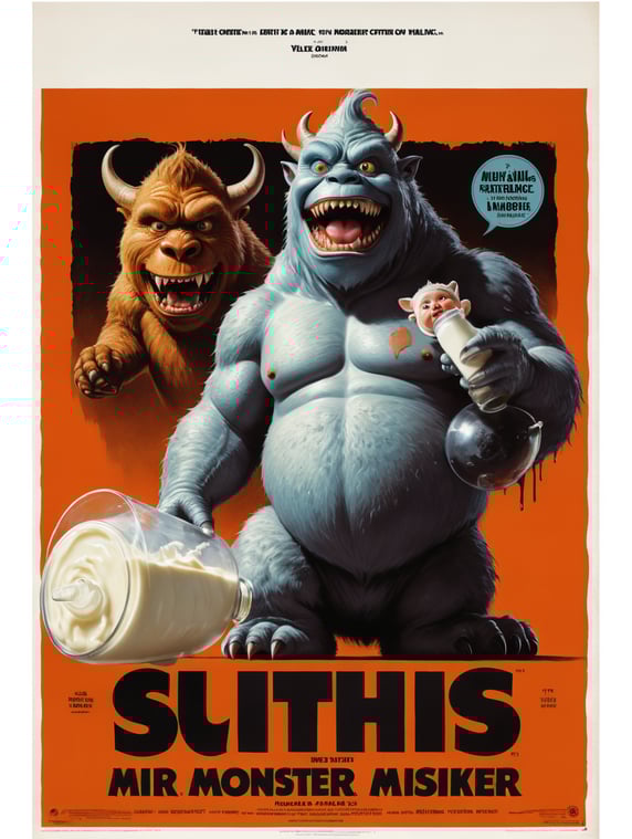A vintage 1960s movie poster of a milk monster. The monster is adorable, young, cute, fat, furry, and all white. It holds a baby’s bottle full of milk. In the upper left hand corner of the poster there is a human baby’s face.