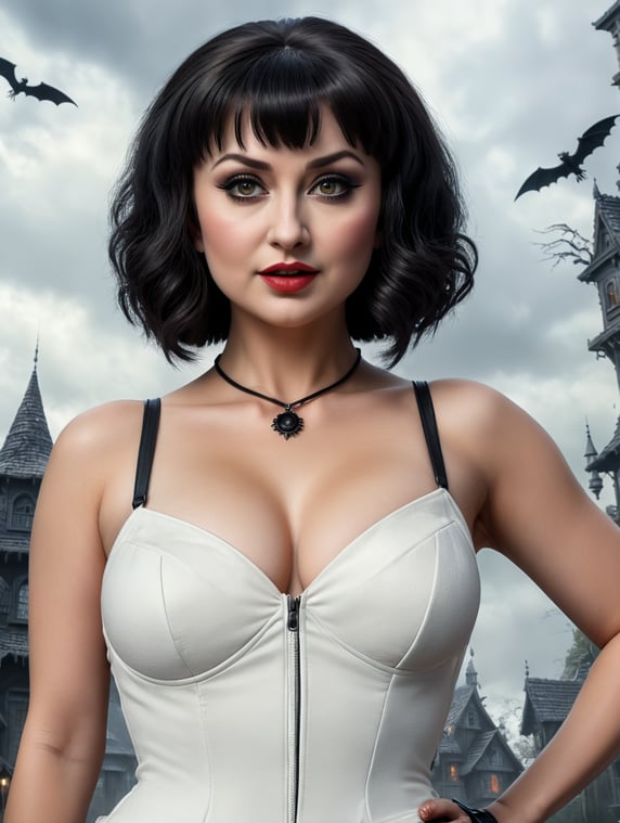 Milana Vayntrub, dressed as Elvira, with mini dressed as Gru, set against the backdrop of a haunted house, photorealistic photo style.