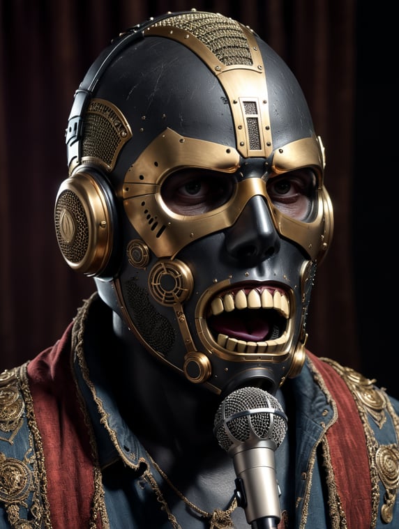 Create a character with a vintage microphone mask and clothes from the band Nirvana; crea un personaje con mascara de microfono vintage y ropa de la banda nirvana