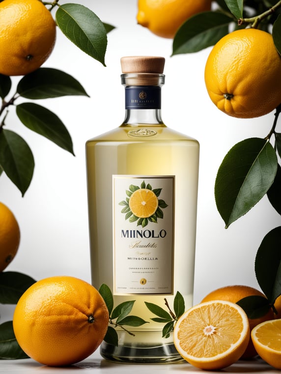 Packaging and branding for a limocello under the brand Mino as if it had been designed by HI ESTUDIO with In a set design with citrus fruits, citrus fruits and dry citrus leaves.