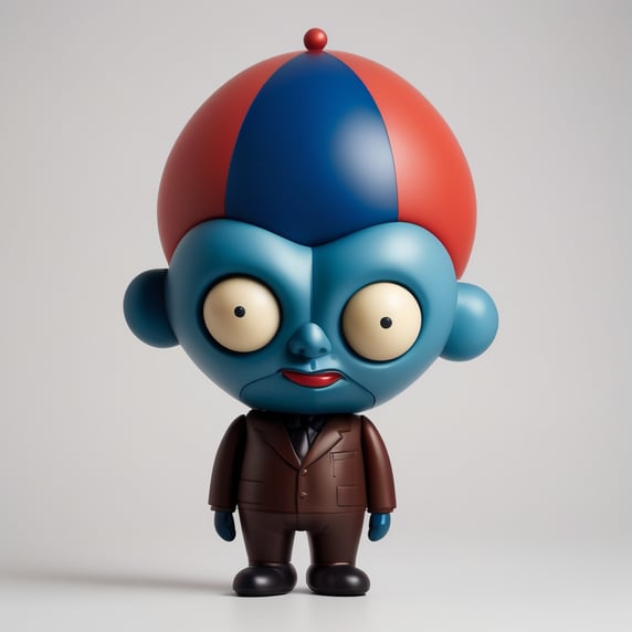 Vinyl toy character in the shape of a balloon with a big ugly head but with a tender face and inspired by David Lynch's films with opaque colors; Vinil toy de personaje en forma de globo con cabeza grande feo pero con rostro tierno y inspirado en las películas de David Lynch con colores opacos