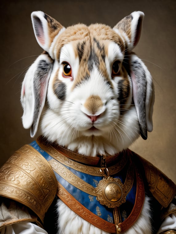 A masterpiece painting by Rembrandt Van Rijn, a Portrait of a rabbit wearing the typical clothes of the time, Renaissance painting style, 2 3 view, simple background, waist upwards, highly detailed, high contrast