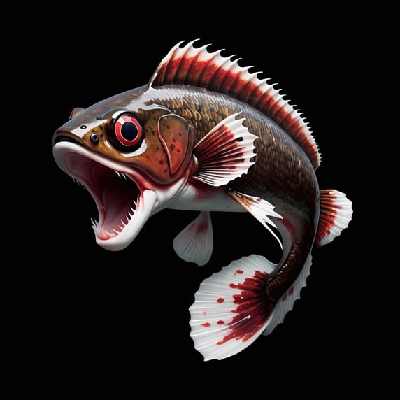 hyper realistic fish with big fangs and big eyes red gills brown body with white spots; hiperrealista pez con colmillos grandes y ojos grandes agallas rojas cuerpo marrón con manchas blancas
