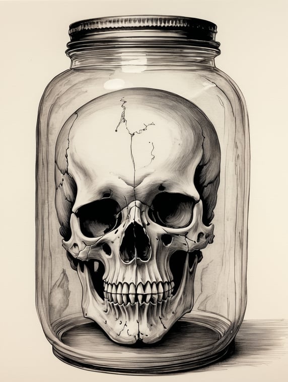Ink pen sketch of a skull in a jar