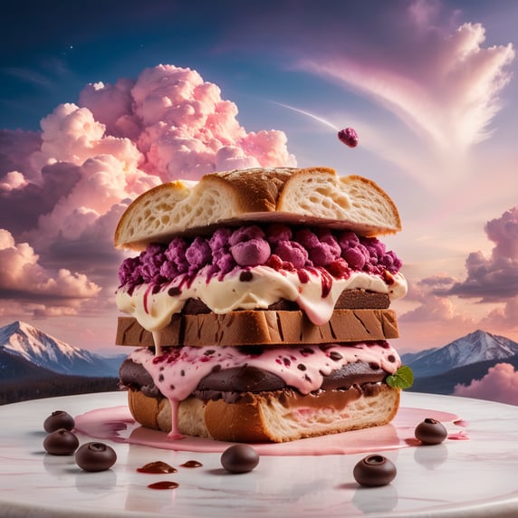 Sandwich made with melt cheese, melt chocolate, red ice cream, chocolate chips. The sandwich is flying in a magic sky with pink and violets clouds