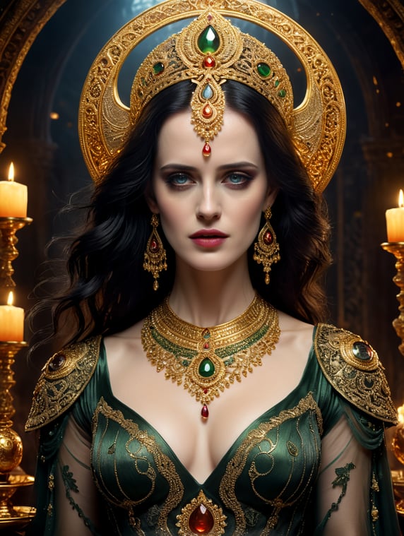 Zack Snyder, 300 by Frank Miller, imagine Eva Green as the Sumerian goddess Bilkis, in a transparent tunic richly decorated with gold embroidery, all studded with precious jewelry - gold, silver, lapis lazuli, carnelian, agate and chalcedony beads, with large gold earrings and a headdress of gold flowers inlaid with Indian carnelian and Afghan lapis lazuli, in her hand she holds a golden bowl filled with blood, ghostly Halloween night, spooky, ancient, Halloween, cinematic photography, action photography, motion, epic, high resolution