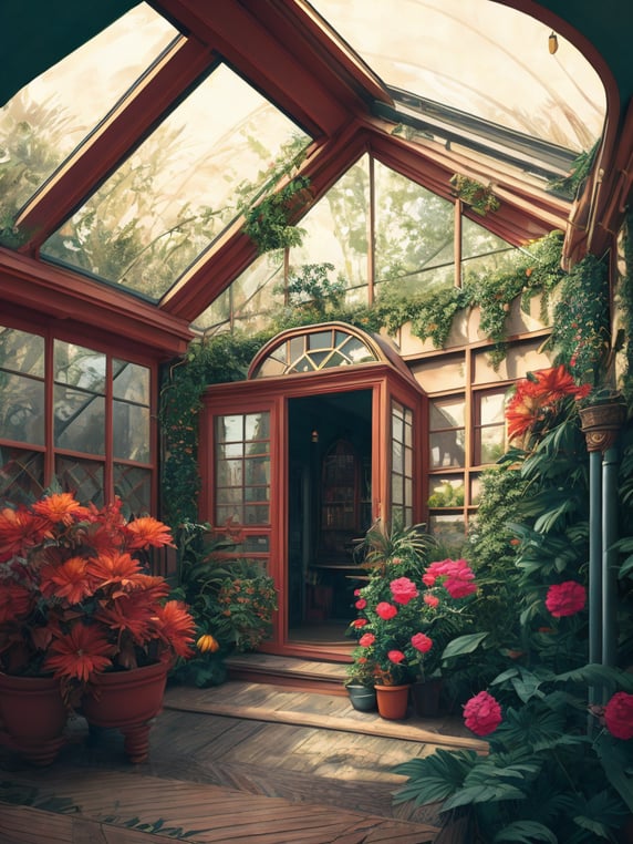 Architectural photo of a maximalist pink solar greenhouse interior with lots of flowers and plants, golden light, hyperrealistic surrealism, award winning masterpiece with incredible details, epic stunning pink surrounding and round corners, big windows, art space, green house walls and celling