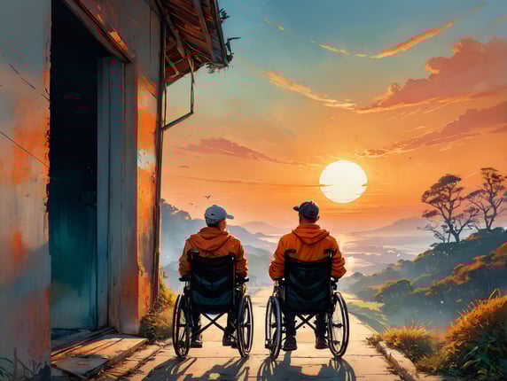 A man in a wheelchair, his wife standing beside him, her hand on his shoulder as they look out into the sunset, the sky a brilliant orange.