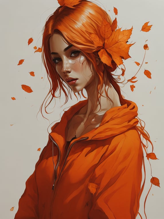 A beautiful full-height girl in an autumn attire. Around her, yellow fallen leaves are swirling, with plenty of sunlight. In the background, there are ripe red apples. Around her, flowers are in full bloom, it's morning. The girl is looking at her reflection in the lake.