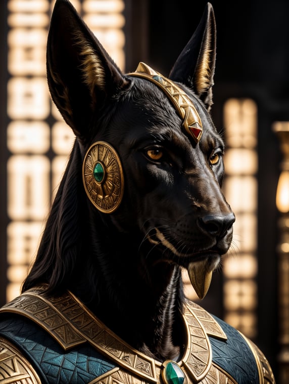 Egyptian god Anubis, dark style, sharp on details, black background