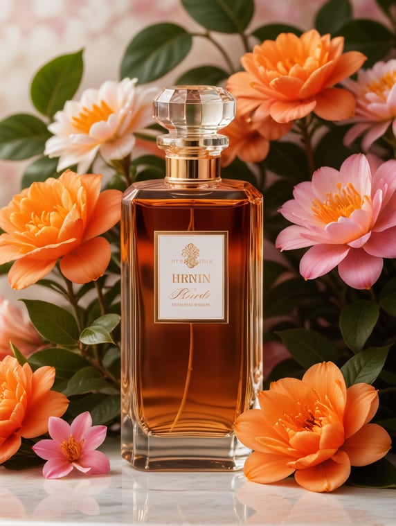 Luxury perfume bottle with blanc label, floral background, pink and orange flowers, Snake next to the bottle