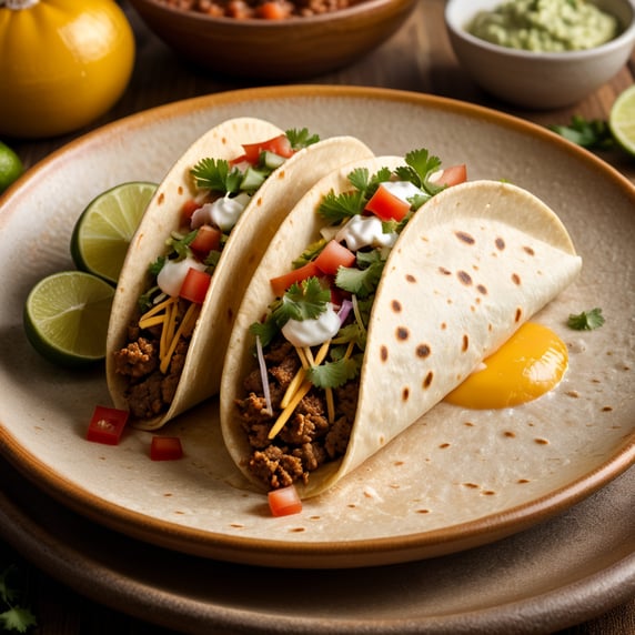 soft open flour tortilla mexican taco. The Taco is over yellow plate