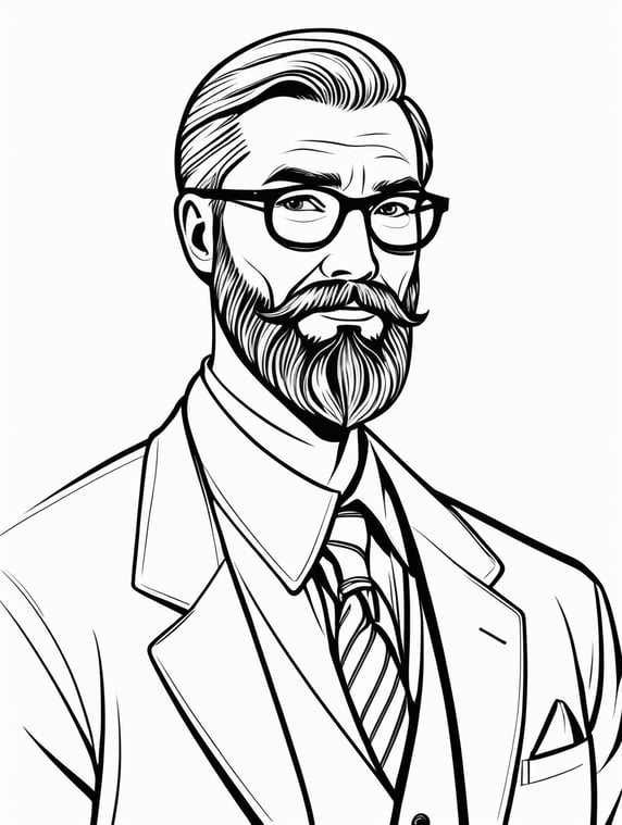 a character who is a politely bearded decision maker, in the style of basic simple line art vector comic art on white background