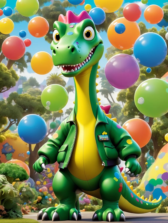 The simpsons comics, full body t-rex simpsons character, wearing a green jacket