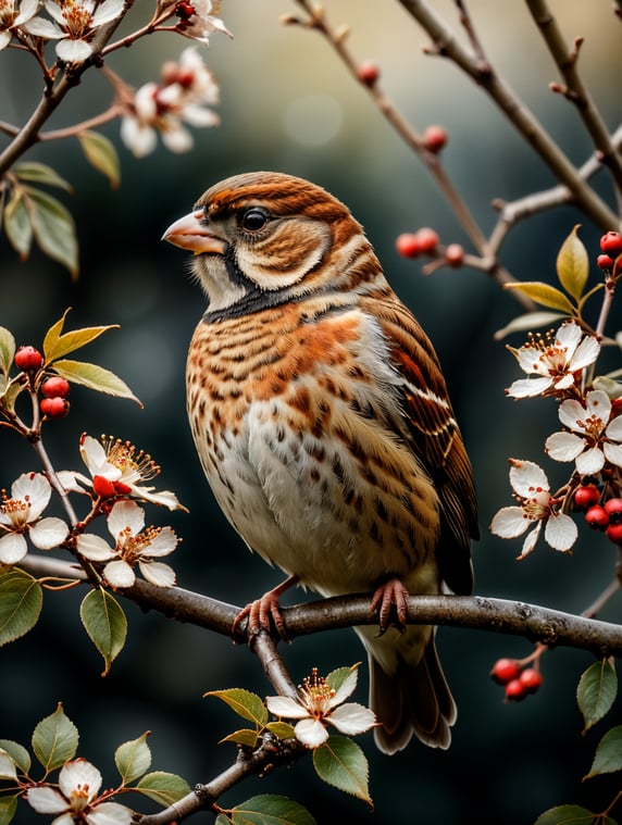 House Sparrow sitting in a rowan tree painted in watercolour