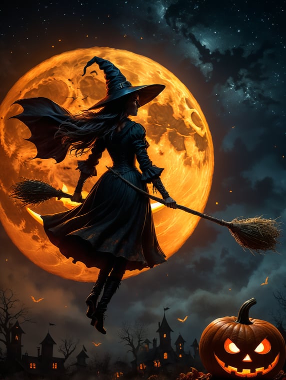 cene of pumpkins for Halloween, dramatic lighting at night, around the pumpkin, but in the night sky the silhouette of a witch flying on a broomstick, a bloody moon with the correct structure and stars. Depth of field.