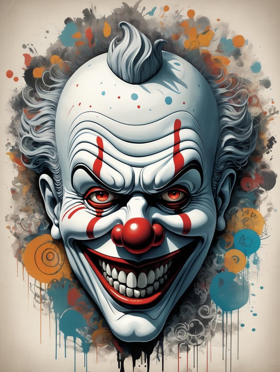 A captivating asemic graphic novel illustration, featuring an enigmatic antique clown face with a blend of graffiti and conceptual art. The composition is a chaotic symphony of abstract shapes, swirling lines, and flat matte colors that tell a story without words. The graffiti-style lettering adds a street art element to the piece, while the conceptual art elements challenge the viewer to interpret and imagine their own narrative. The overall effect is a striking and thought-provoking visual experience., conceptual art, illustration, graffiti --v 6.0