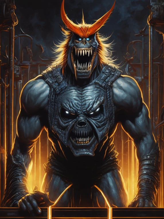 1987 scary heavy metal art, scary psycho killer monster, 80s scary horror illustration, no text, mk ultra, iron maiden, 80s illustration of futuristic heavymetal band, monster, cybernetic prison, metal art