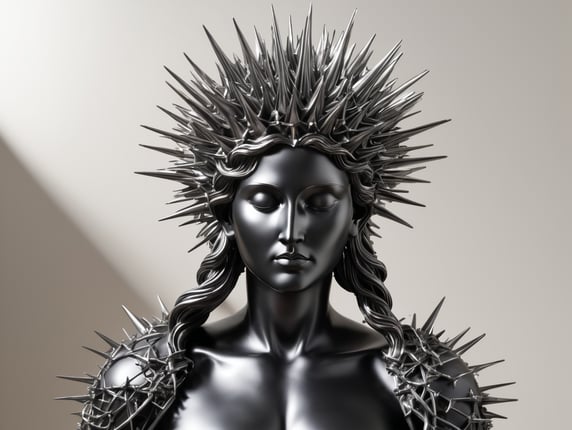 Generate a 3D image of a reinterpretation of The Madonna della Pietà by Michelangelo, spiked metal sculpture constructed from irregular, twisted metal thorns. The spikes protrude randomly in all directions with varying lengths and thicknesses, resembling tangled, natural thorns welded together without any logical pattern. The metal has a rough, matte black texture with subtle silver highlights on the edges of the spikes. Place the metal sculpture on a plain white background with soft, even lighting to ensure clear contrast between the chair and the background. Shadows are minimal and diffused, making the spikes' edges crisp and easy to isolate for editing in Photoshop.