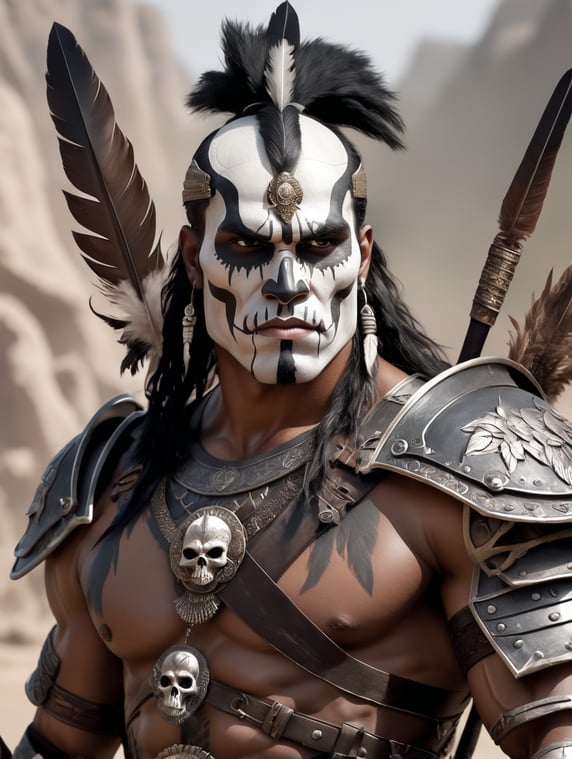 a man with white skin, black hair, indigenous descent, with a bow with a skull at the end, and armor with brown feathers, a scar on his face, and a strong body, fantasy art