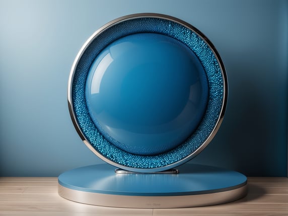 3d render of vector abstract background. Podium for show product. Blue color. Chrome balls around. Blank scene showcase mockup with empty round stage.