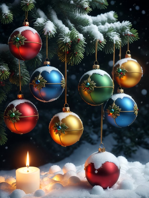 five christmas tree balls on long string, snow, candle