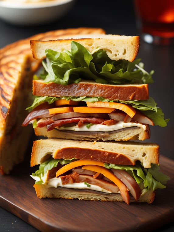 A mouthwatering club sandwich captured in high definition, featuring layers of crispy bacon, juicy turkey slices, fresh lettuce, ripe tomatoes, and melted cheddar cheese, oozing with creamy mayo and mustard, on lightly toasted whole-grain bread, Photography, macro lens f 2.8, --ar 1:1 --v 5.