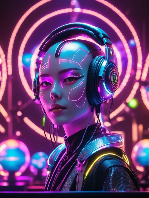 Front photo of cyberpunk humanoid DJ in action with neon-colored headphones behind a stage set of sun-shaped disco spheres flashing with neon lights; foto frontal dedj en accion humanoide cyberpunk con adifonos color neon detras una escenografia de esferas disco con forma de sol destellando con luces neon