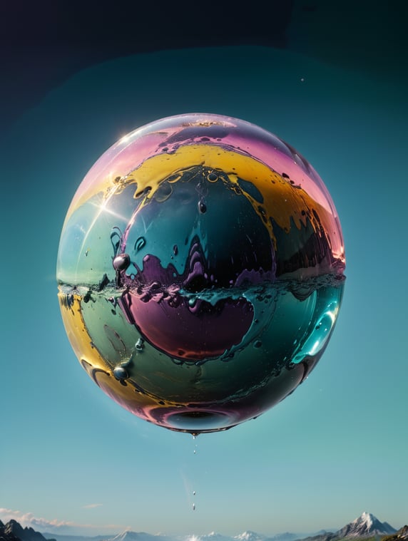 a singular object, floating in mid air, trippy, looks like a ball of liquid porcelain, gloss, shine, otherworldly, nature, photorealism, y2k, rave, plain light blue colour background, light green, pinks, purple, yellow