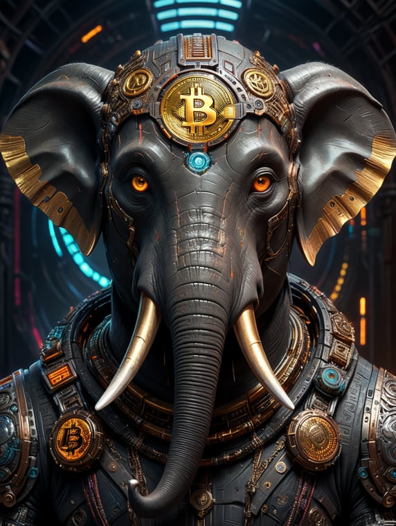 bitcoin icon with elephant holographics tusks but this cyberpunk
