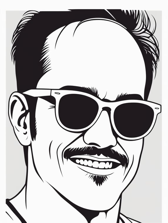 maniac wearing t-shirt and sunglasses, in the style of basic simple line art vector comic art on white background