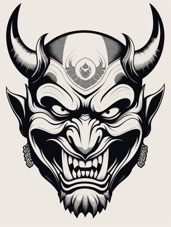 japanese samurai demon mask illustration, black and white vector, fangs, no horns, simplistic, minimal, negative space, exaggerated mouth gesture, close up, tattoo, friendly