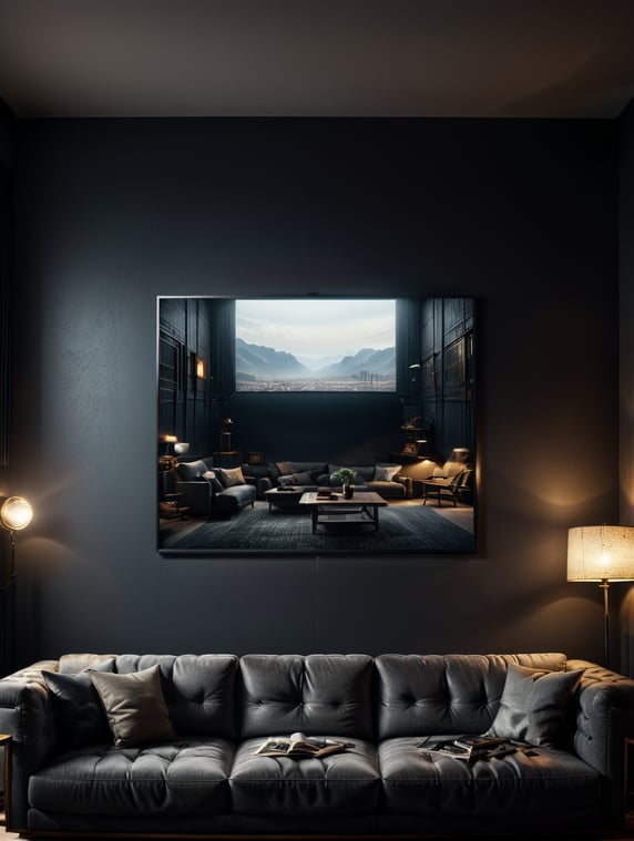 Mockup empty, blank poster frame, sitting on top of a sofa, contemporary style living room
