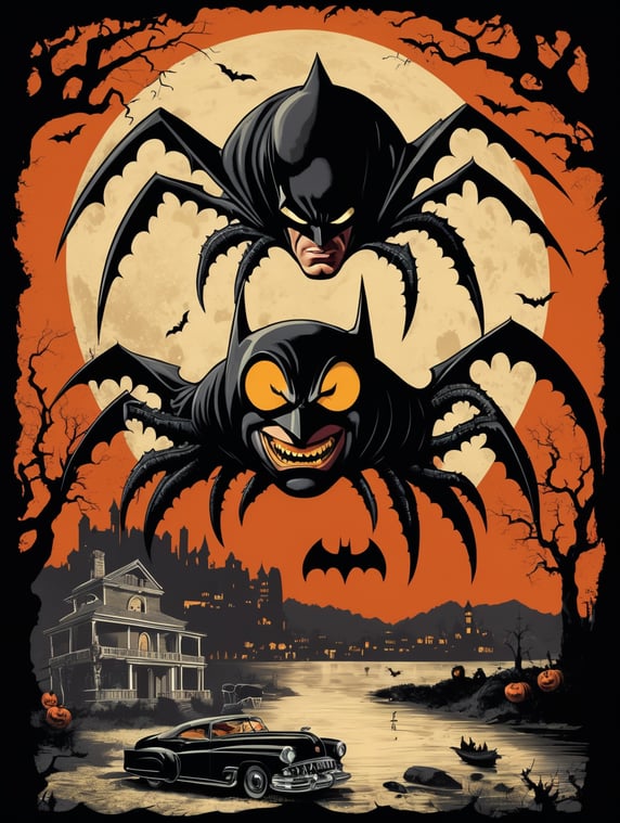 1950's b-movie horror halloween t-shirt print design featuring a giant batman shape