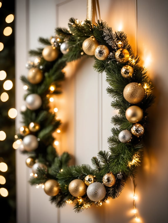 Premium Christmas pine tree wreath. gold balls. christmas lights. snowflakes