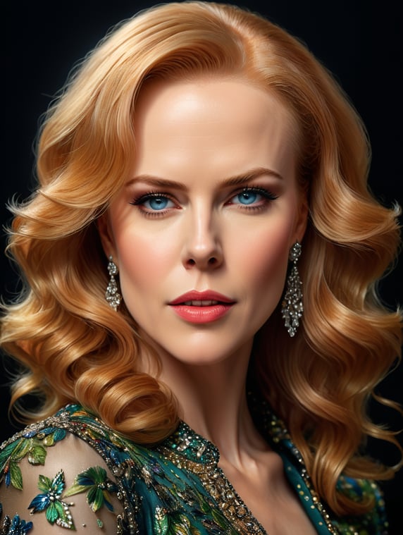 Portrait of nicole kidman, bright and saturated colors, elegant, highly detailed, vogue, fashion magazine, sharp focus, Bright expressive makeup, Dramatic Lighting, Depth of field, Incredibly high detailed, NO background