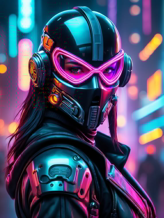 Futuristic cyberpunk masked bounty hunter, neon lights, cyberpunk city background, hyper realistic, without gun, protecting