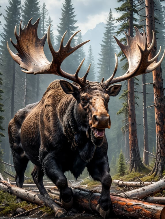 A large bull moose harnessed to skidding logs