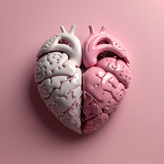 A 3D rendered image of a brain and a heart joined together, forming a heart shape. The brain is white in color and the heart is pink. The background is a solid pink color.